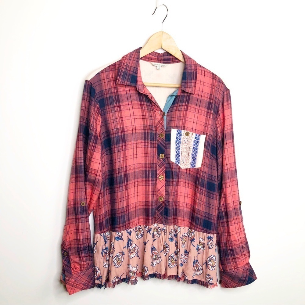 JOHN • Mark mixed media plaid embroidered button-down shirt - Picture 7 of 11